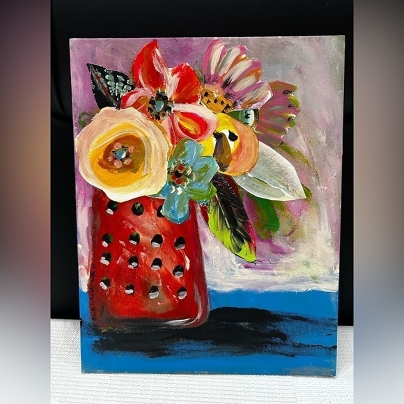 Original Art Painting Mixed Media Acrylic Collage on Canvas Board Red Floral - Picture 2 of 12
